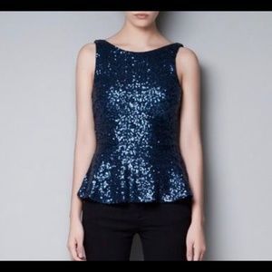 Zara blue sequined peplum top TRF